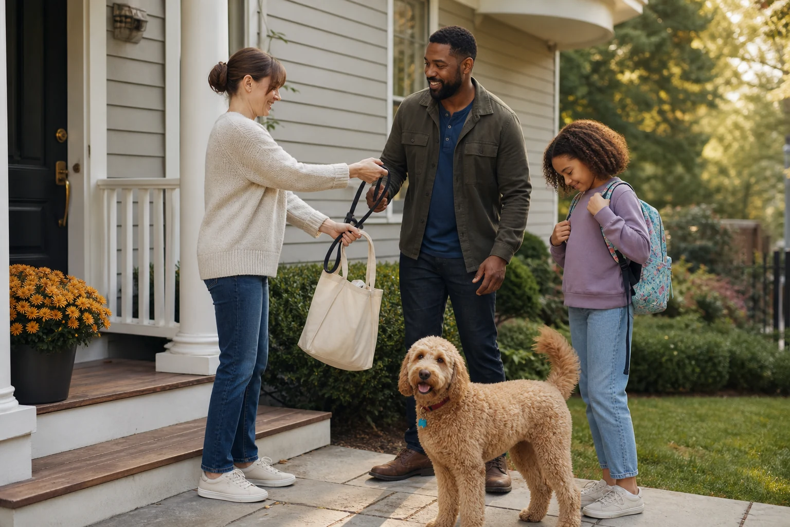 A white mother and Black father share a dog's leash during a calm transition with their mixed-race daughter