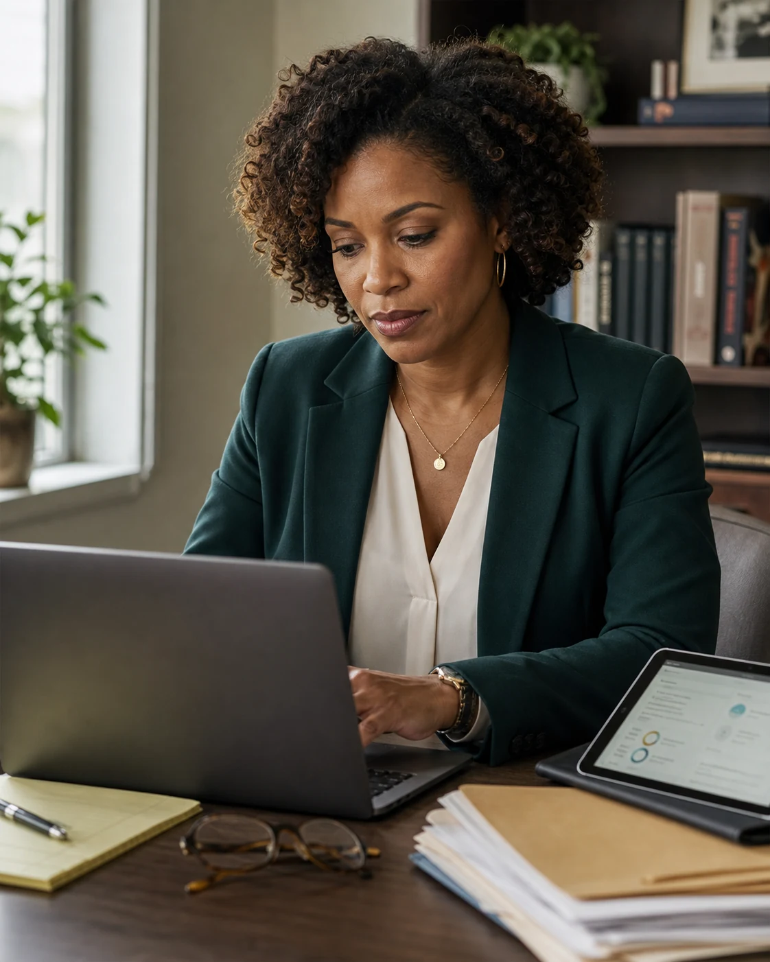 A family-law professional reviews case information on a laptop and tablet at her desk