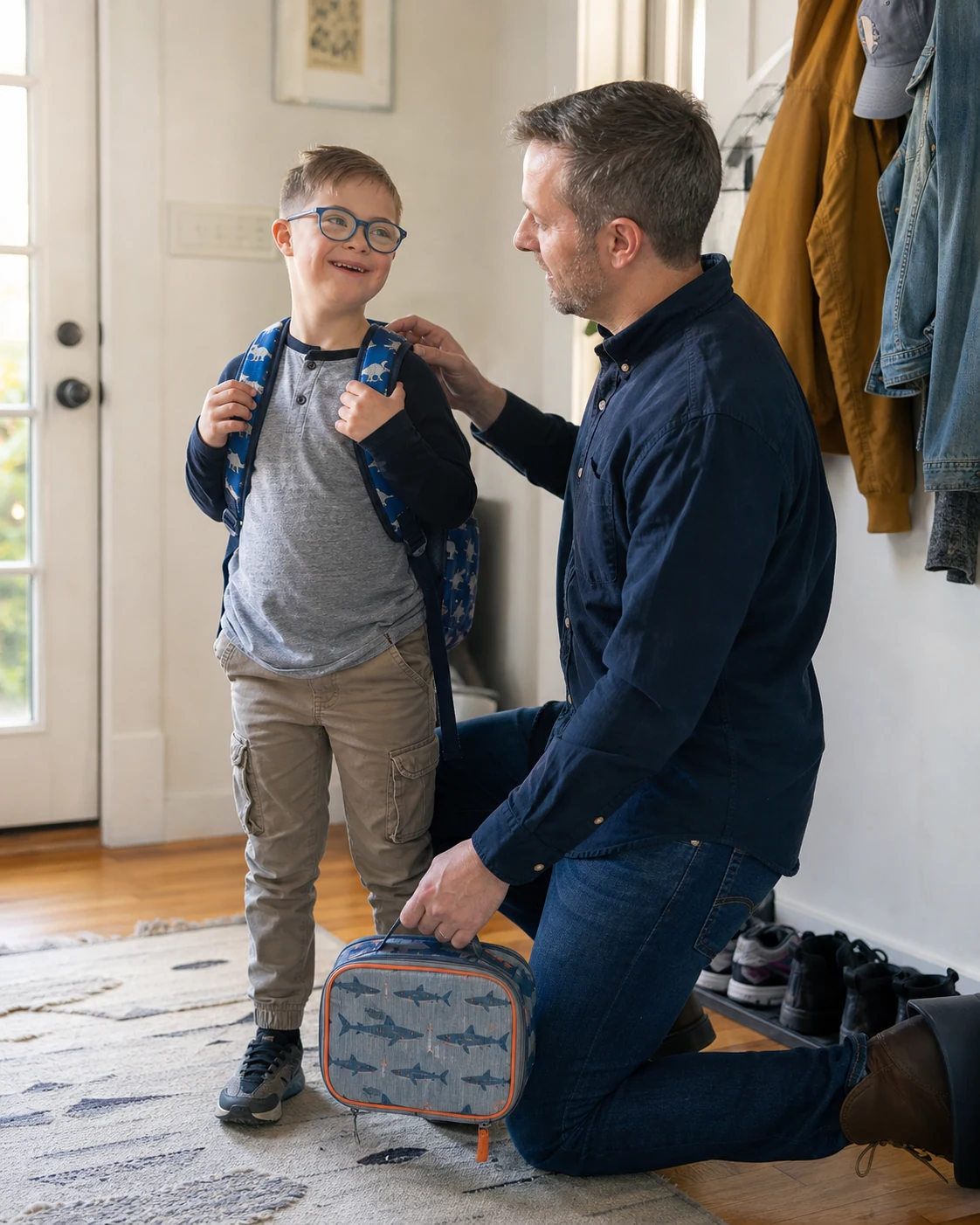 A white father helps his happy son with Down syndrome get ready for school